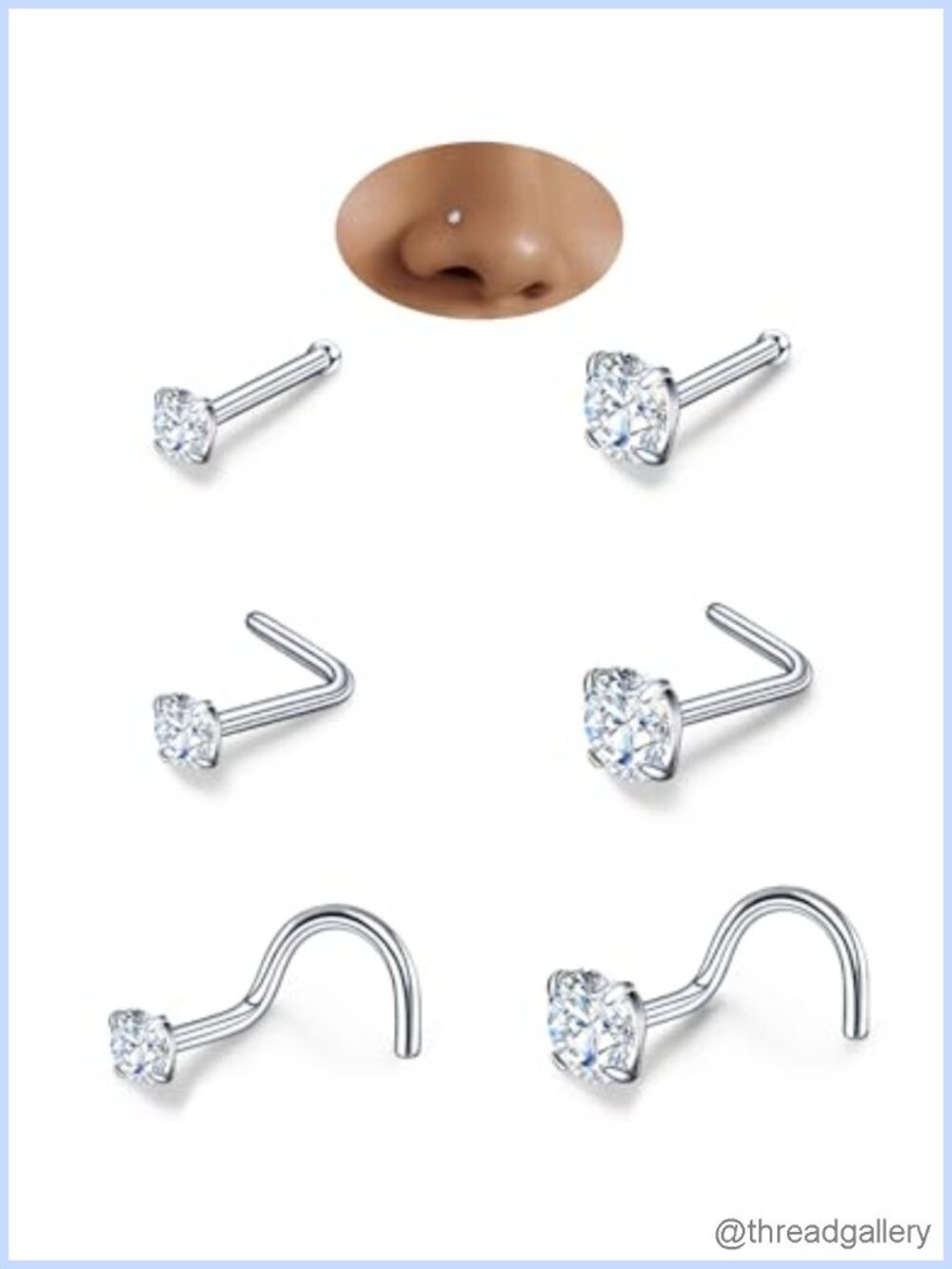 6Pc Moissanite Nose Ring Set 925 Sterling Silver 18K White Gold Plated 20G